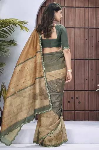 Rust floral embroidered organza saree
