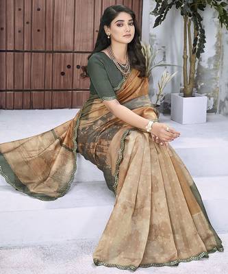 Rust floral embroidered organza saree 4