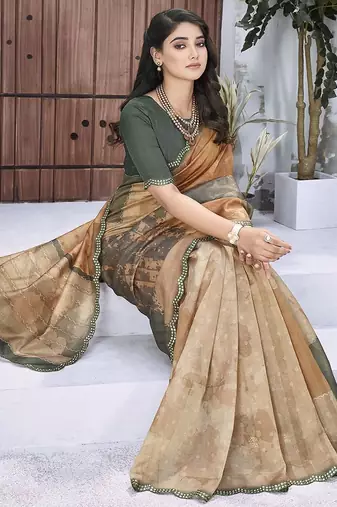 Rust floral embroidered organza saree