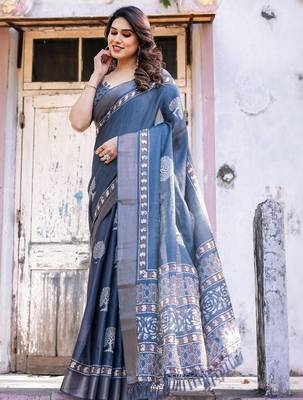 Blue floral  cotton saree 1