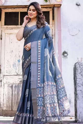 Blue floral  cotton saree