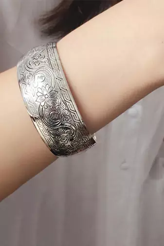 Silver plated cuff style bracelet floral engraved stylish fashion jewellery gift for women