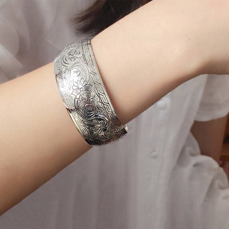 Silver plated cuff style bracelet floral engraved stylish fashion jewellery gift for women