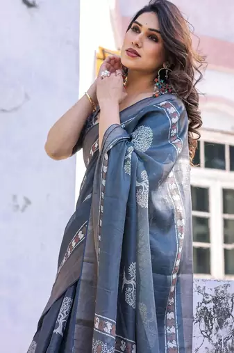Blue floral  cotton saree