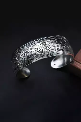 Silver plated cuff style bracelet floral engraved stylish fashion jewellery gift for women