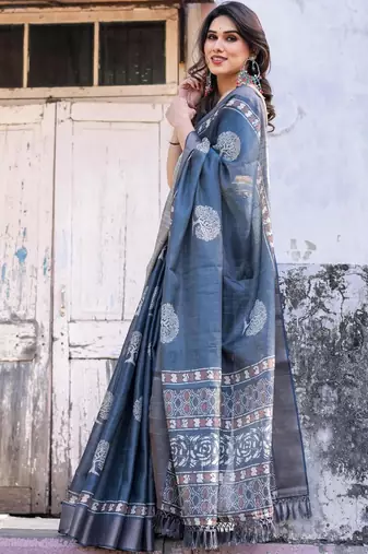 Blue floral  cotton saree