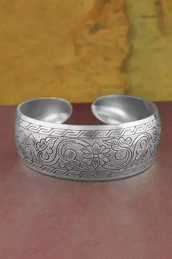 Silver plated cuff style bracelet floral engraved stylish fashion jewellery gift for women