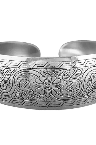 Silver plated cuff style bracelet floral engraved stylish fashion jewellery gift for women