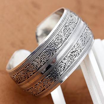 Silver plated cuff style bracelet floral engraved fashion jewellery gift for women 3