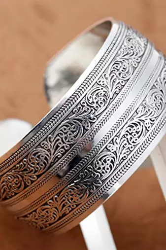 Silver plated cuff style bracelet floral engraved fashion jewellery gift for women