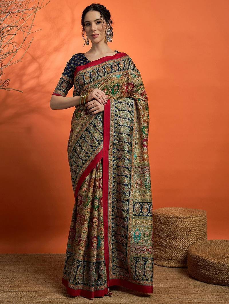 Beige woven design mukaish banarasi saree
