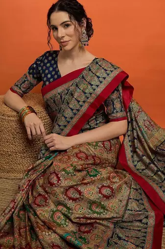 Beige woven design mukaish banarasi saree