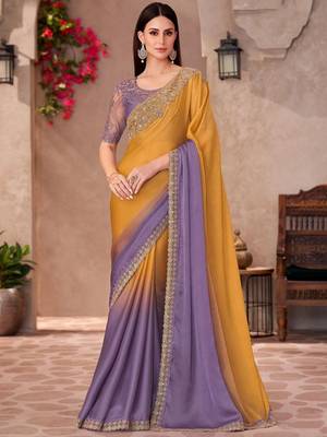Mustard sequinned  chiffon saree 1