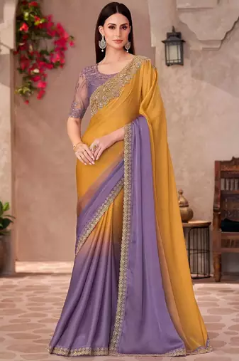Mustard sequinned  chiffon saree