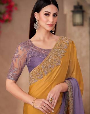 Mustard sequinned  chiffon saree 2