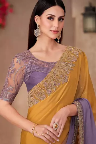 Mustard sequinned  chiffon saree