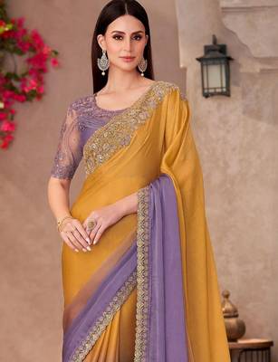 Mustard sequinned  chiffon saree 3