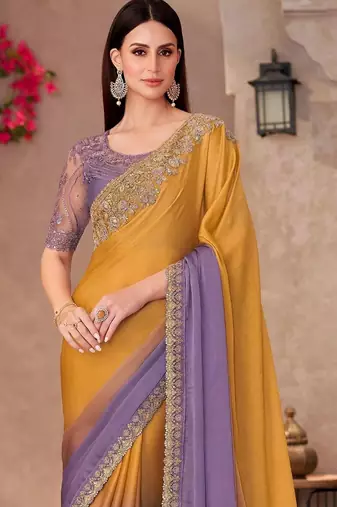 Mustard sequinned  chiffon saree