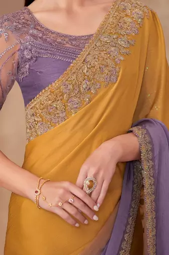 Mustard sequinned  chiffon saree