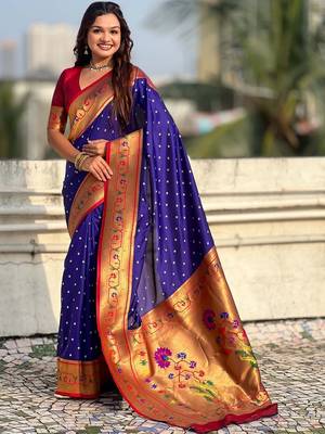 Navy blue ethnic motifs zari silk blend handloom paithani saree 1
