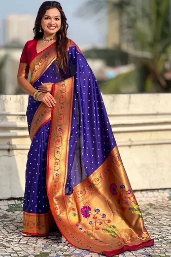 Navy blue ethnic motifs zari silk blend handloom paithani saree