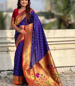 Navy blue ethnic motifs zari silk blend handloom paithani saree