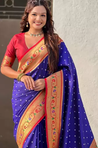 Navy blue ethnic motifs zari silk blend handloom paithani saree