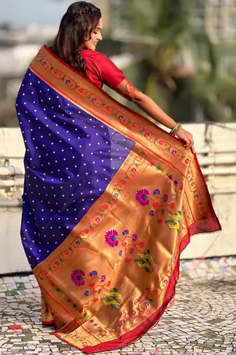 Navy blue ethnic motifs zari silk blend handloom paithani saree