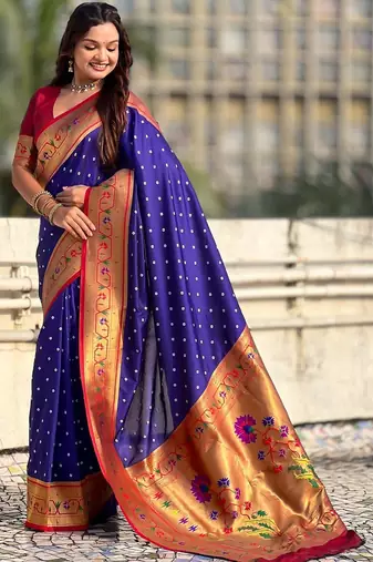 Navy blue ethnic motifs zari silk blend handloom paithani saree