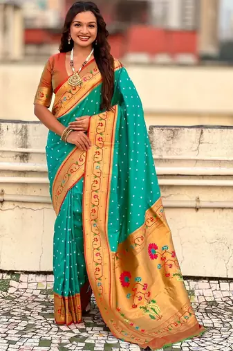 Turquoise woven design zari silk blend handloom paithani saree
