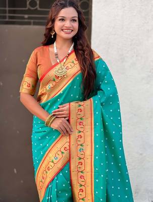 Turquoise woven design zari silk blend handloom paithani saree 2