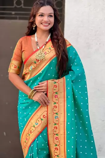 Turquoise woven design zari silk blend handloom paithani saree