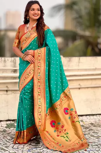 Turquoise woven design zari silk blend handloom paithani saree