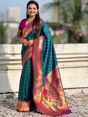 Teal woven design zari silk blend handloom paithani saree 1