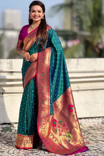 Teal woven design zari silk blend handloom paithani saree
