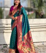 Teal woven design zari silk blend handloom paithani saree
