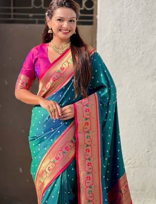Teal woven design zari silk blend handloom paithani saree 2