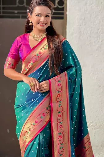 Teal woven design zari silk blend handloom paithani saree