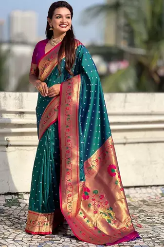 Teal woven design zari silk blend handloom paithani saree