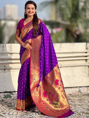 Purple ethnic motifs woven design zari paithani saree 1