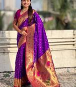 Purple ethnic motifs woven design zari paithani saree