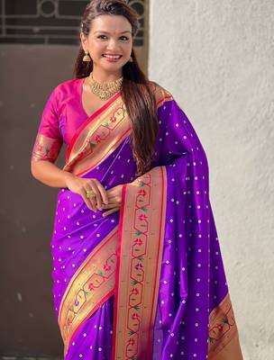 Purple ethnic motifs woven design zari paithani saree 2