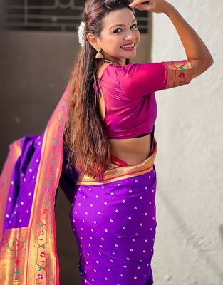 Purple ethnic motifs woven design zari paithani saree 4