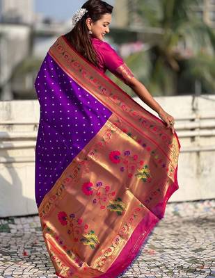 Purple ethnic motifs woven design zari paithani saree 5