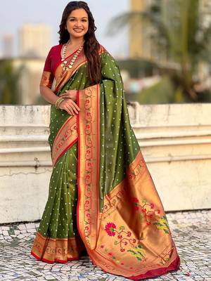 Olive woven design zari paithani saree with unstitched blouse piece 1