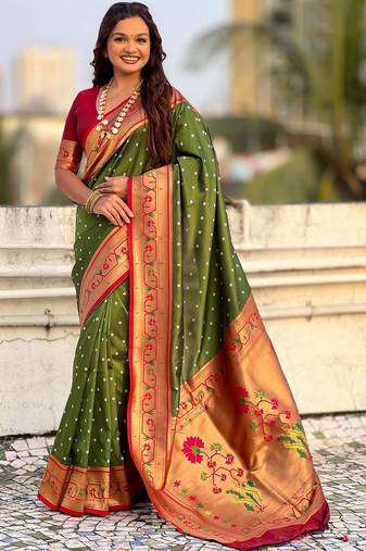 Olive woven design zari paithani saree with unstitched blouse piece