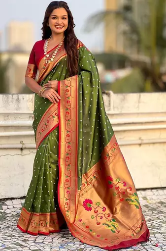 Olive woven design zari paithani saree with unstitched blouse piece