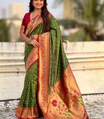 Olive woven design zari paithani saree with unstitched blouse piece