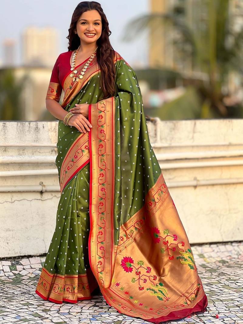 Olive woven design zari paithani saree with unstitched blouse piece