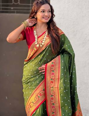 Olive woven design zari paithani saree with unstitched blouse piece 2